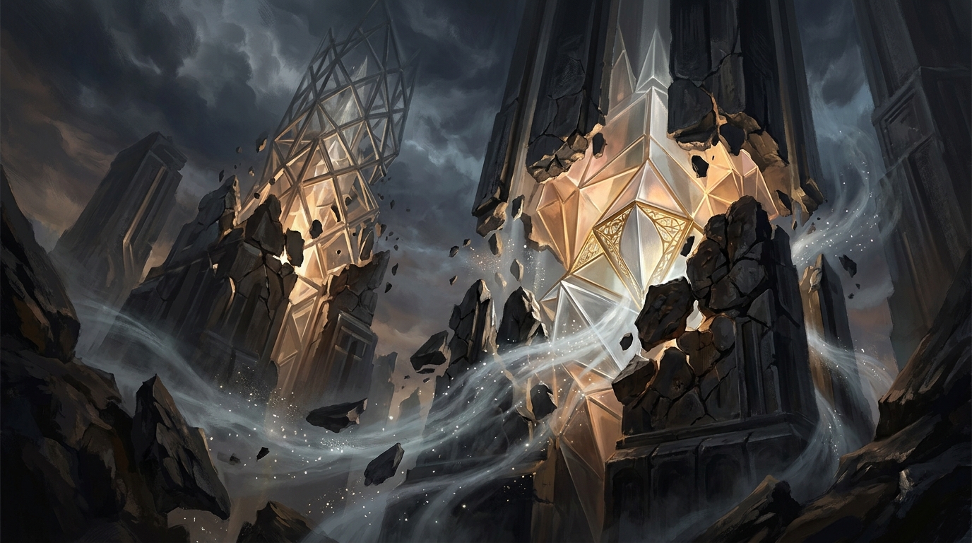 Conceptual fine art illustration showing the internal deconstruction of dogmatic beliefs and cognitive catharsis, with shattered brittle shells yielding luminous geometric cores of truth