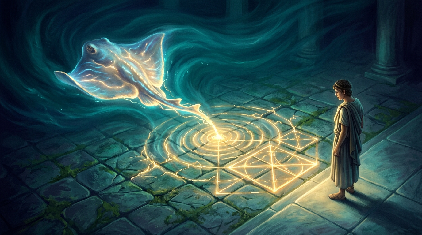 Bioluminescent stingray gliding across a subterranean marble forum, its electrical current shattering rigid dogmatic grids and illuminating geometry on the sand